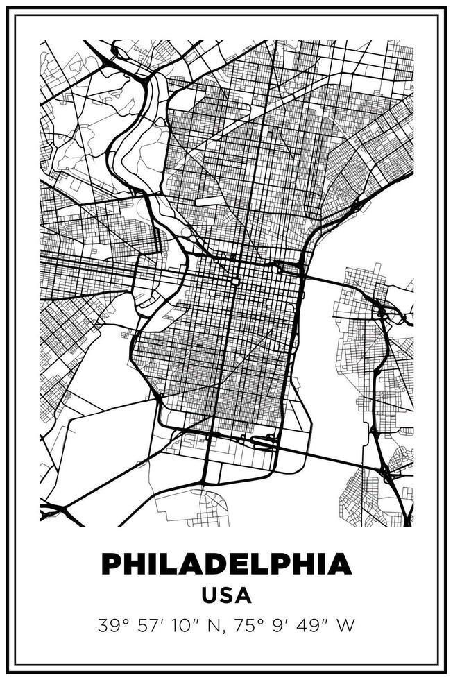 Black and white printable Street map art Philadelphia city, USA. Travel poster with coordinates, poster design, Modern Poster Wall Art Home Decor Ready to Printable vector