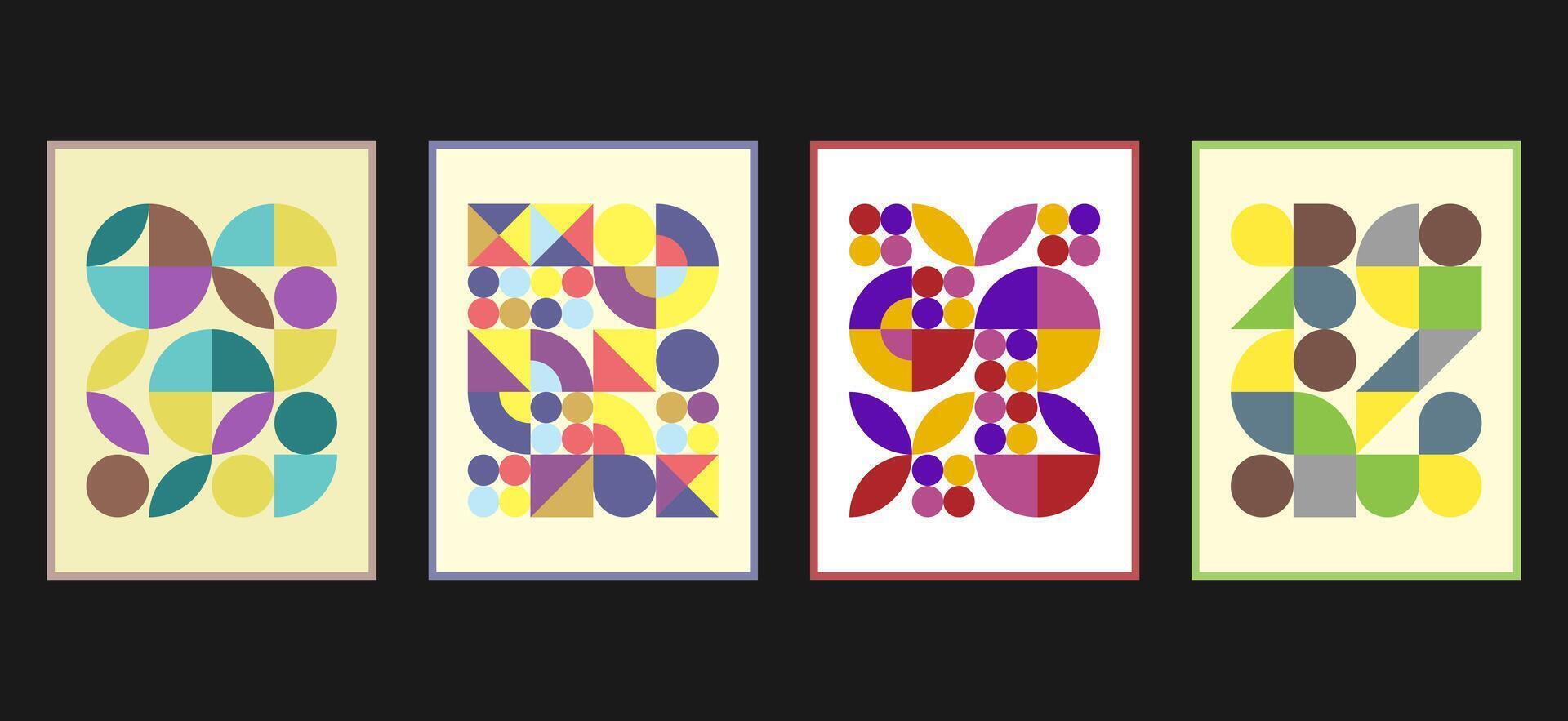 Bauhaus geometric pattern background, abstract circle, triangle and square lines art. Yellow, blue, red and green color, trendy Bauhaus pattern backgrounds set vector