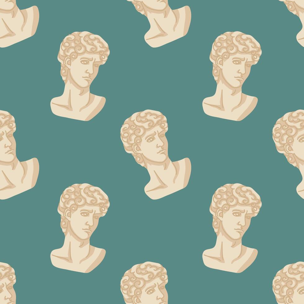 Dark academia aesthetic seamless pattern. Michelangelo David bust sculpture. Stock illustration in hand drawn style on teal background. vector