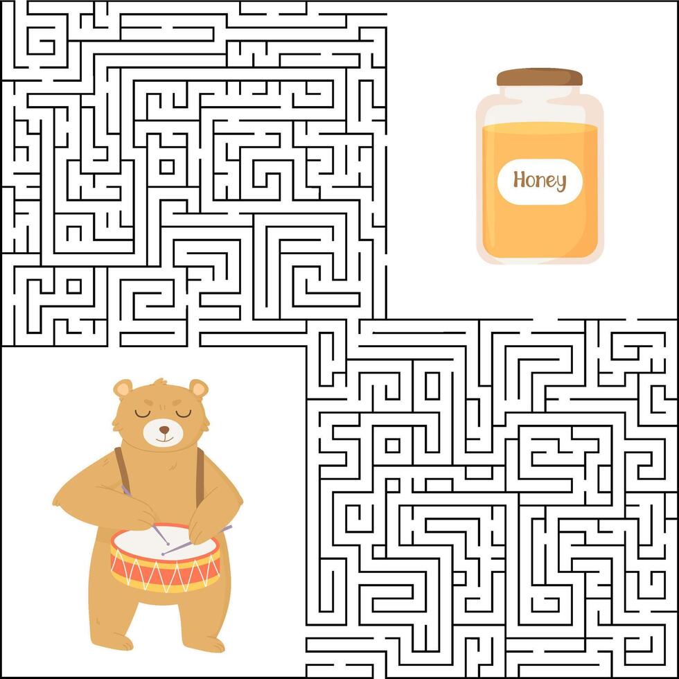 Printable maze with a cute bear and a honey jar. illustration perfect for kids activities, birthday parties, or preschool educational materials. Ideal for playful and creative projects vector