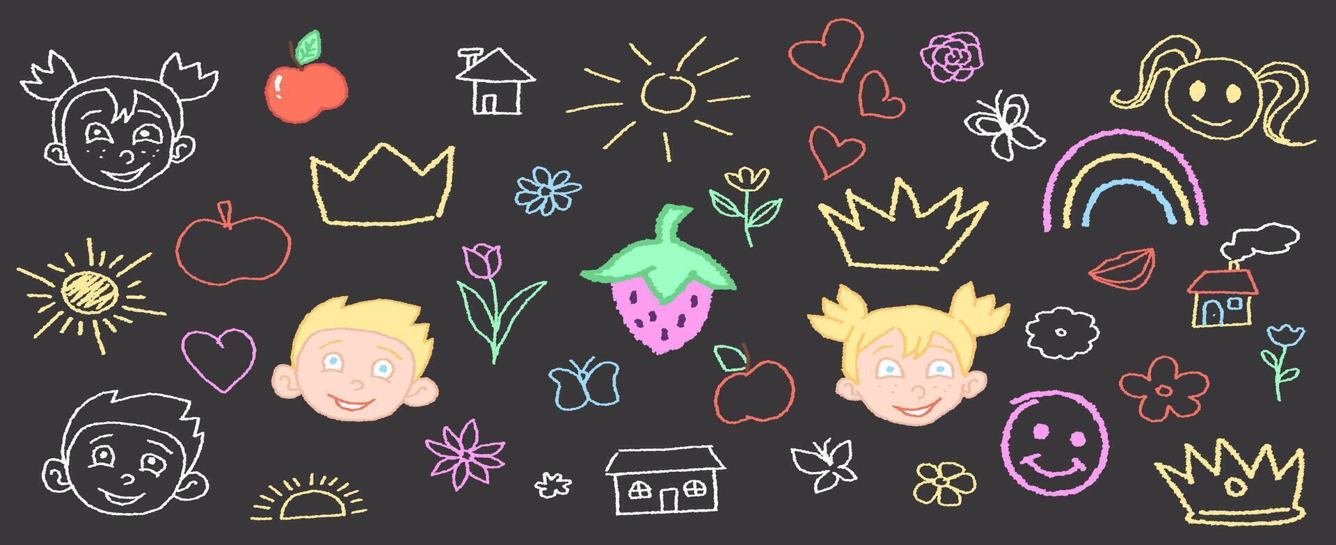 Kids like chalk drawing. School children drawing on chalkboard concept. Stock illustration in hand drawn style. vector