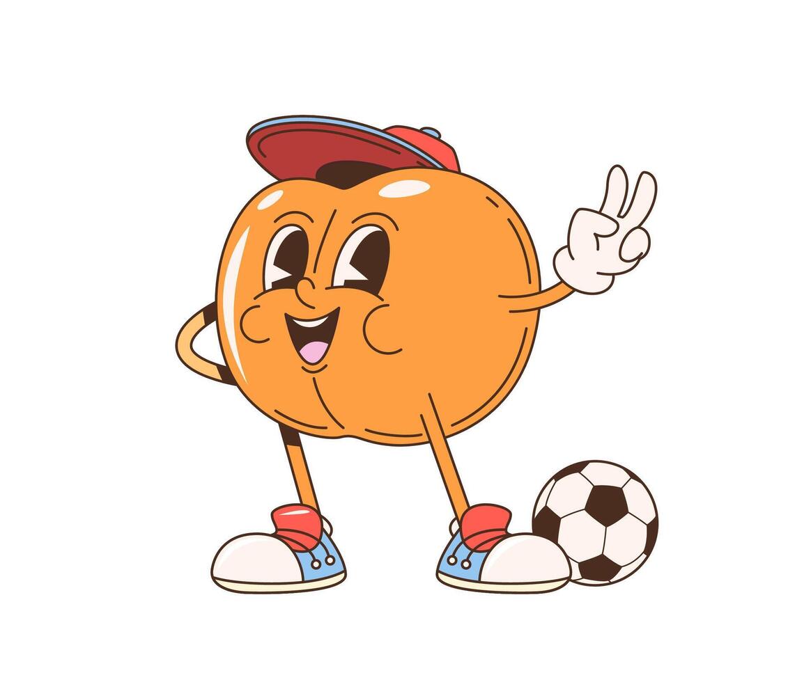 Retro cartoon groovy peach fruit with soccer ball vector