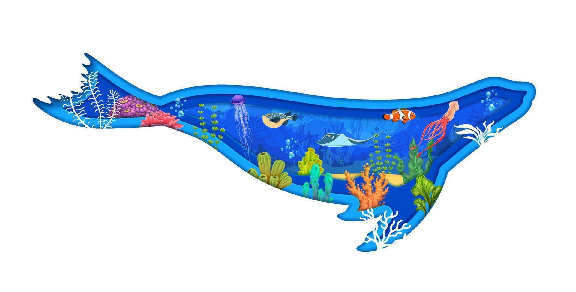 Seal silhouette with underwater landscape papercut vector