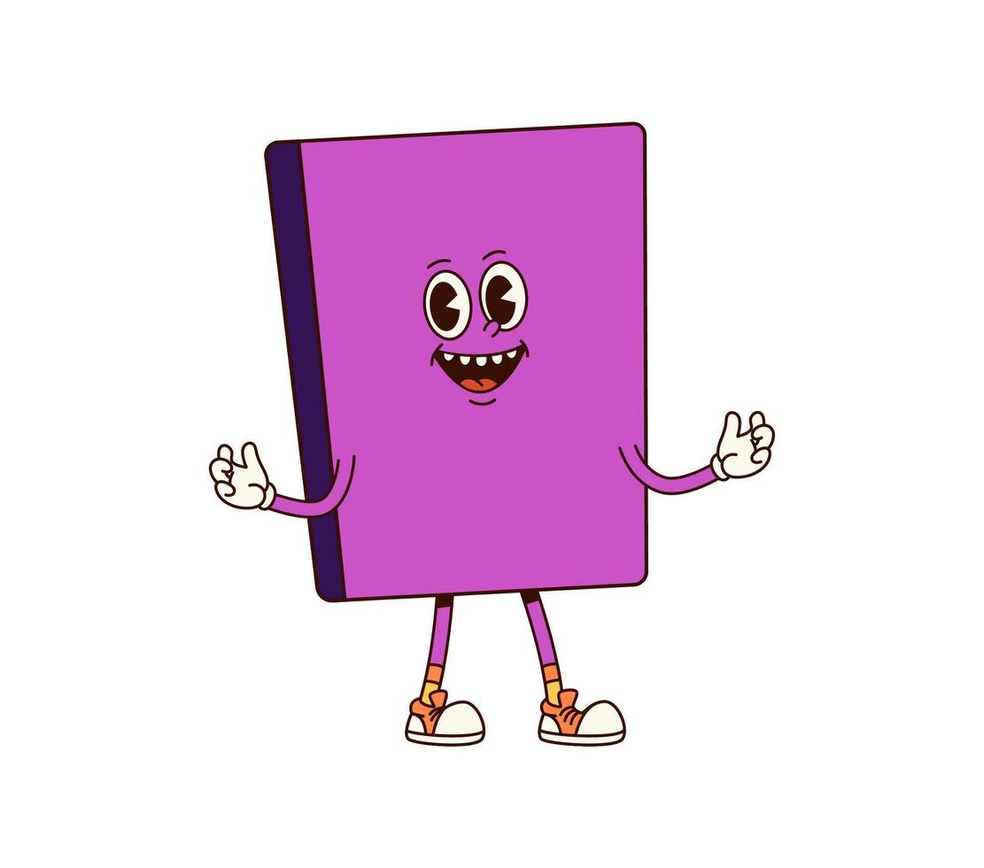 Cartoon book groovy character with purple cover vector