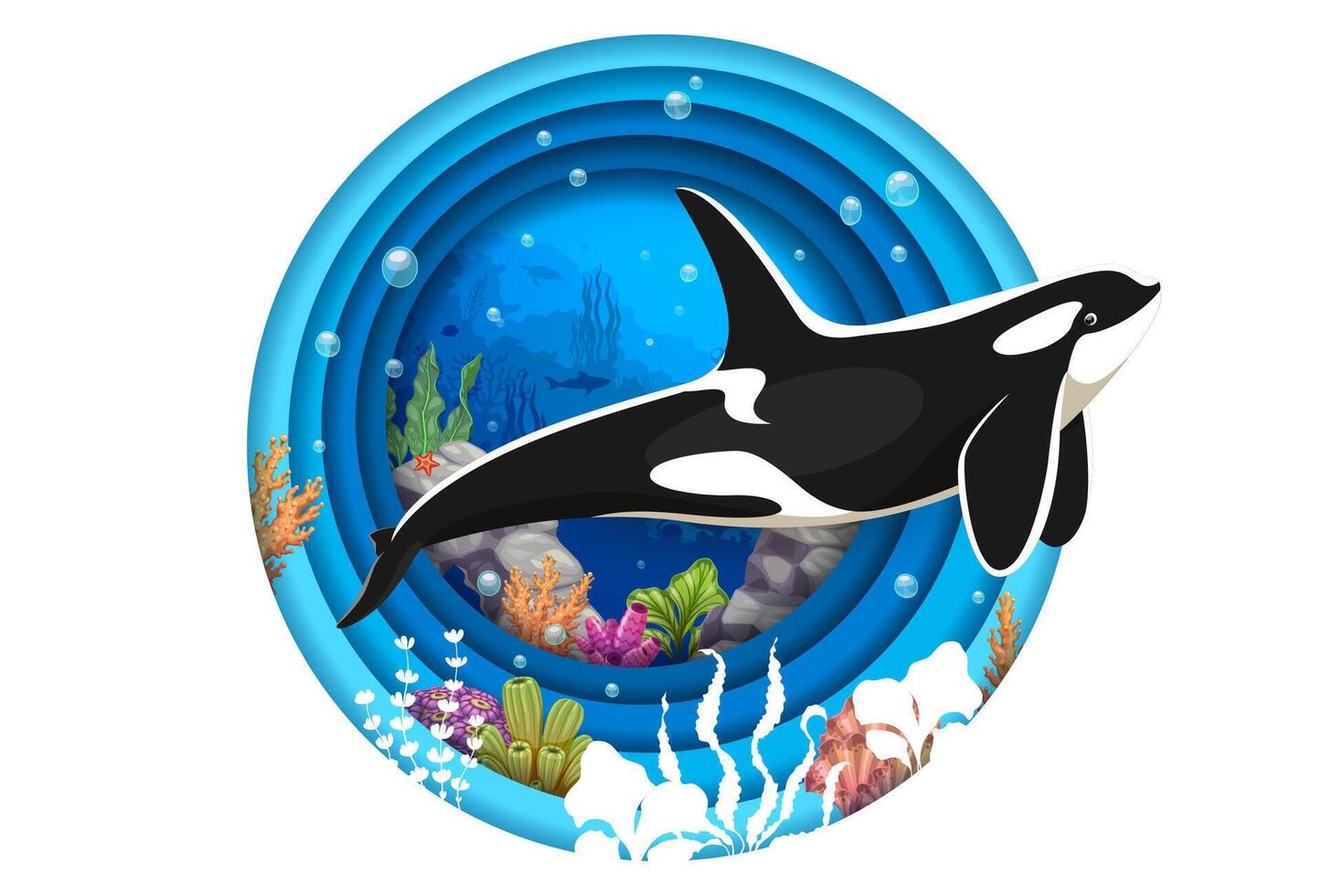 Killer whale on underwater landscape paper cut vector