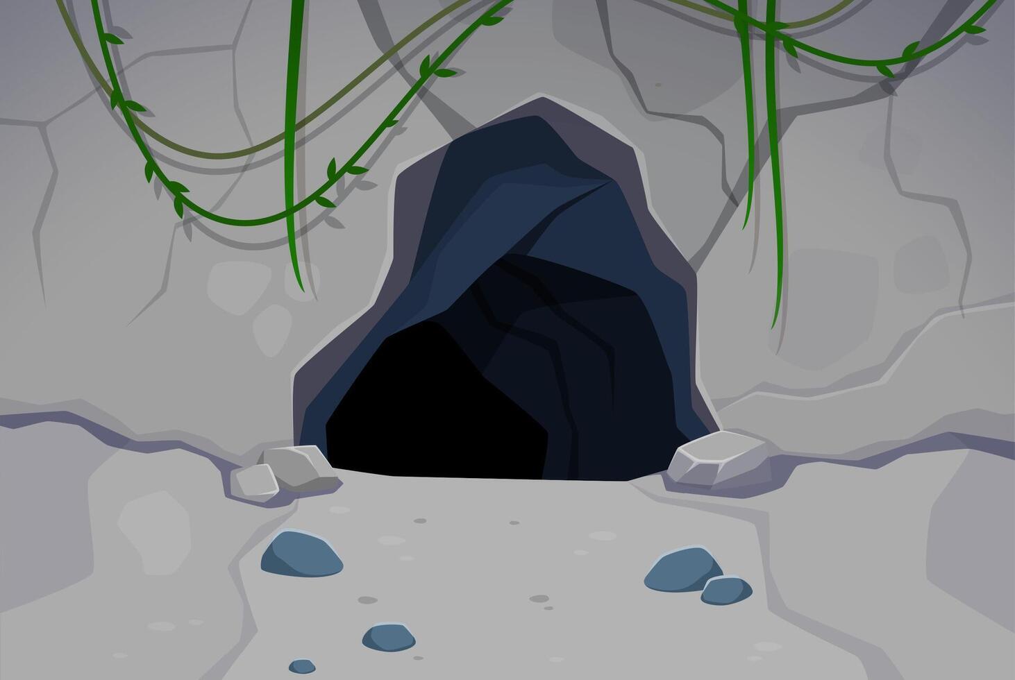 Cave entrance nestled in rocky terrain with vines vector