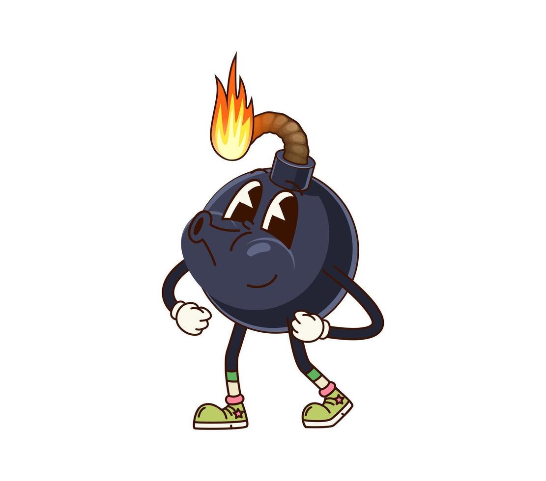 Groovy bomb character with a lit fuse and sneakers vector