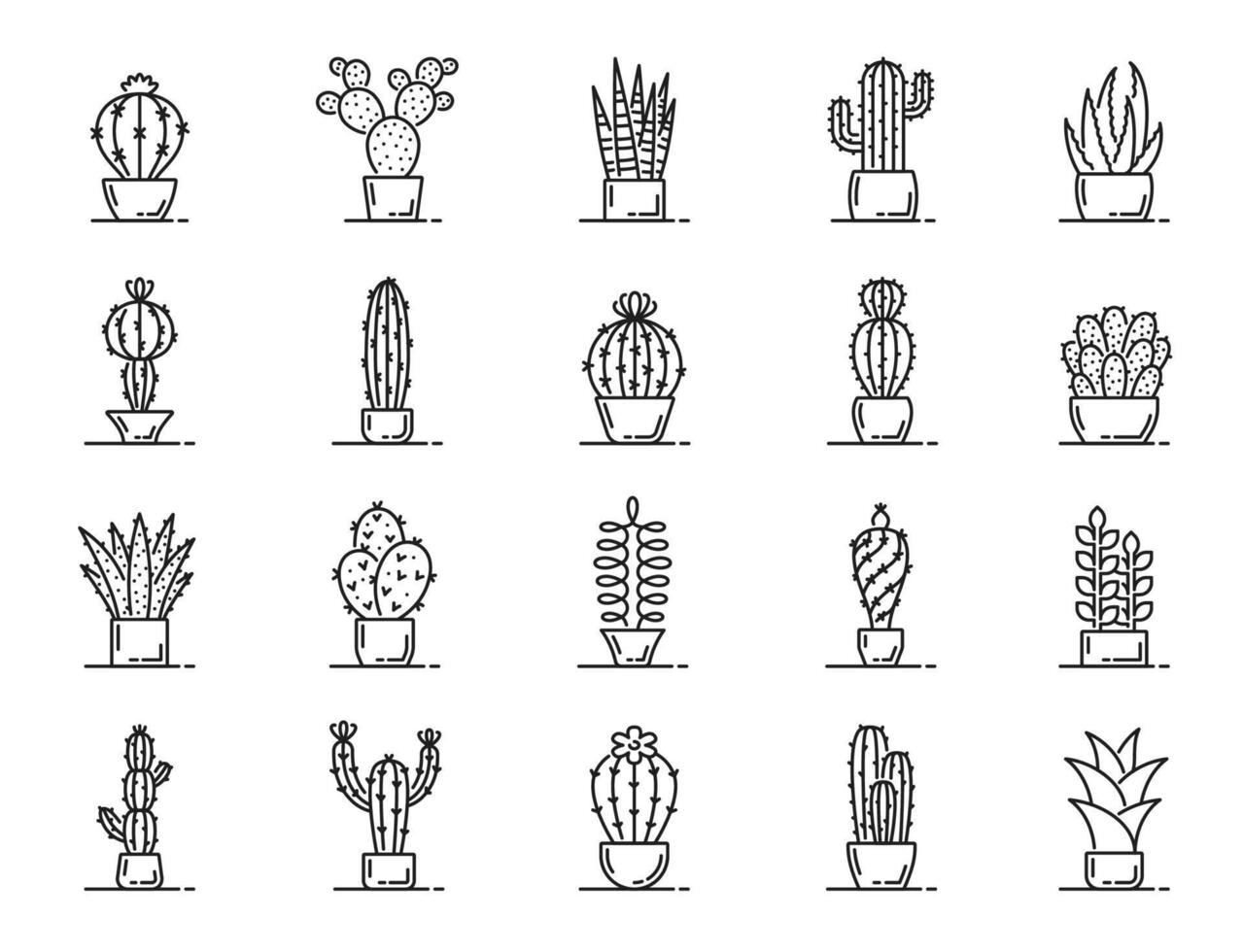 Cactus succulent line icons, set of desert plants vector