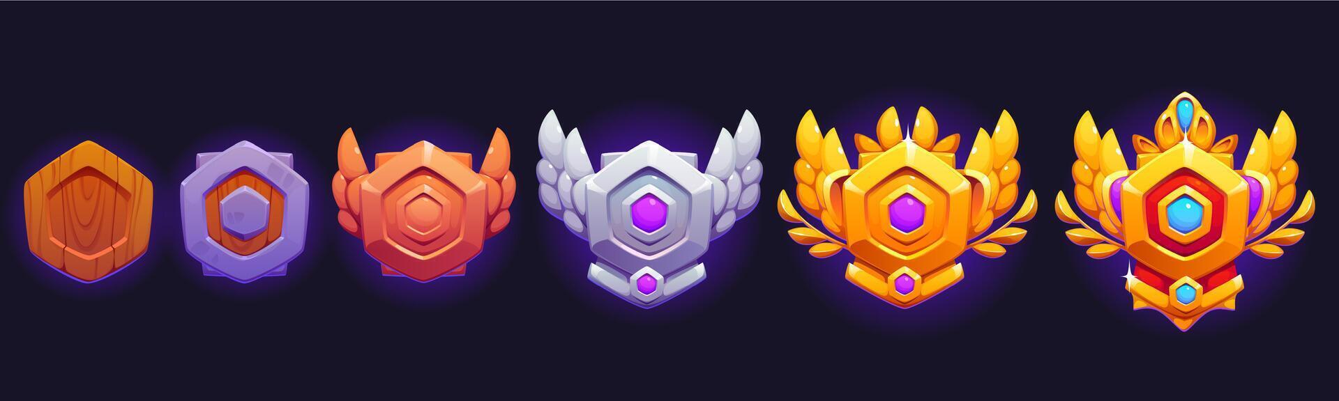 Game level badge, rank medal icons, victory shield vector