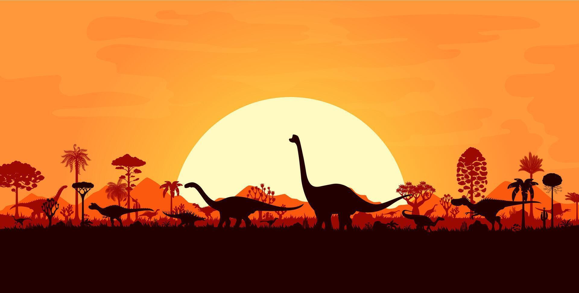 Sunset landscape with giant prehistoric dinosaurs vector