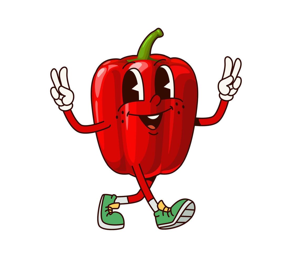 Groovy red bell pepper vegetable cartoon character vector