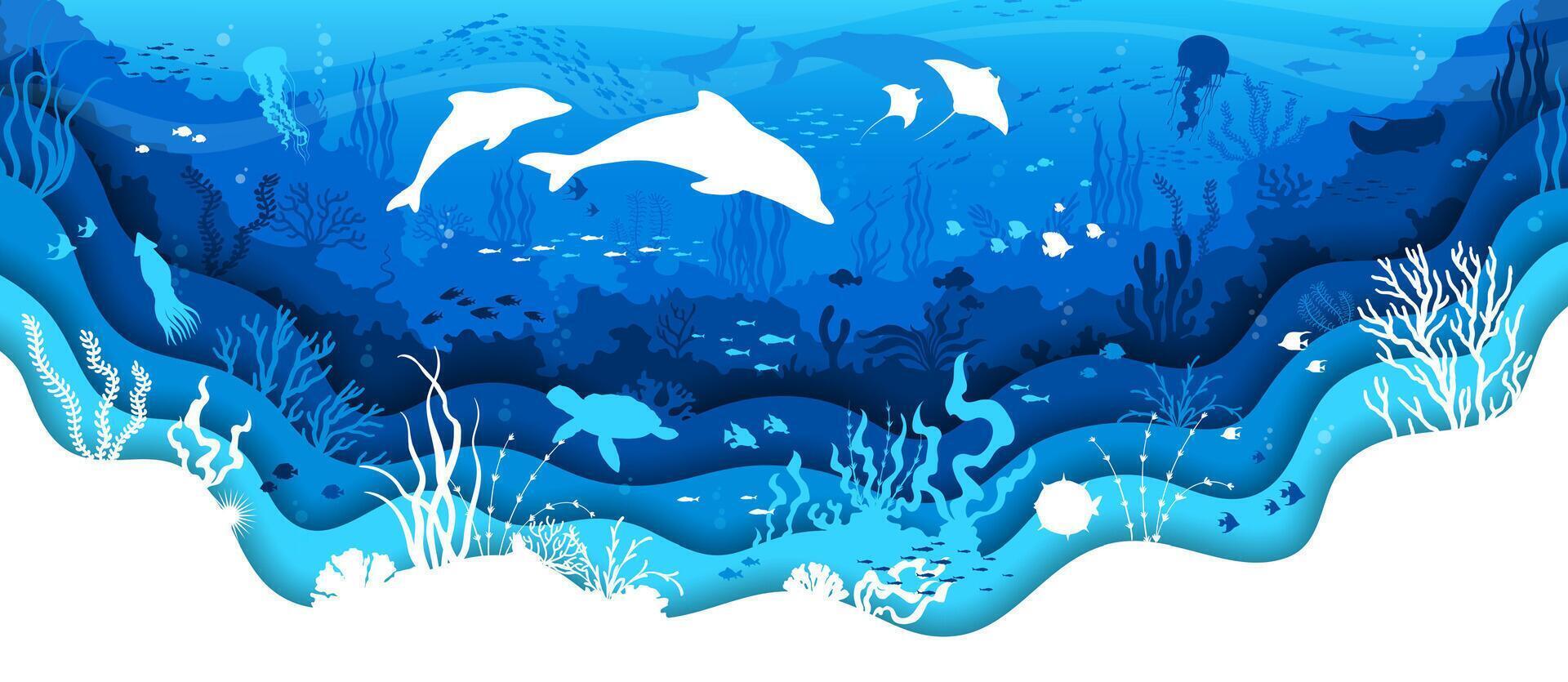 Paper cut underwater landscape, dolphins, seaweeds vector