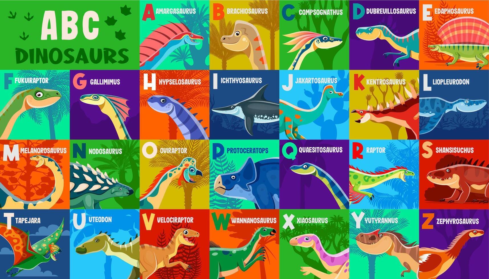 Kids prehistoric dinosaurs alphabet, dino species vector
