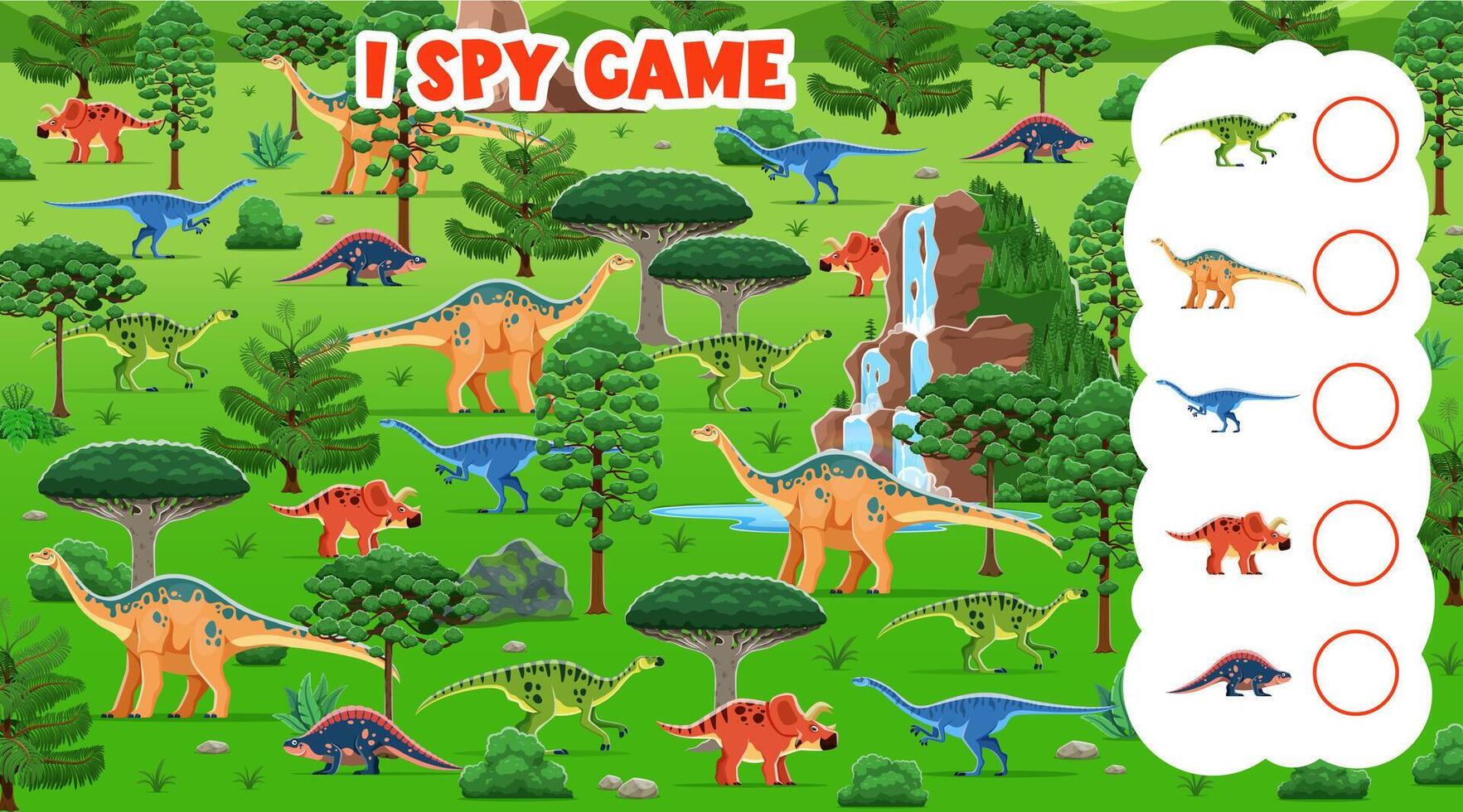 I spy game worksheet with prehistoric dinosaurs vector