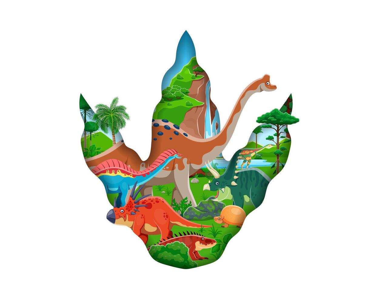 Paper cut dinosaur footprint with funny dinos vector