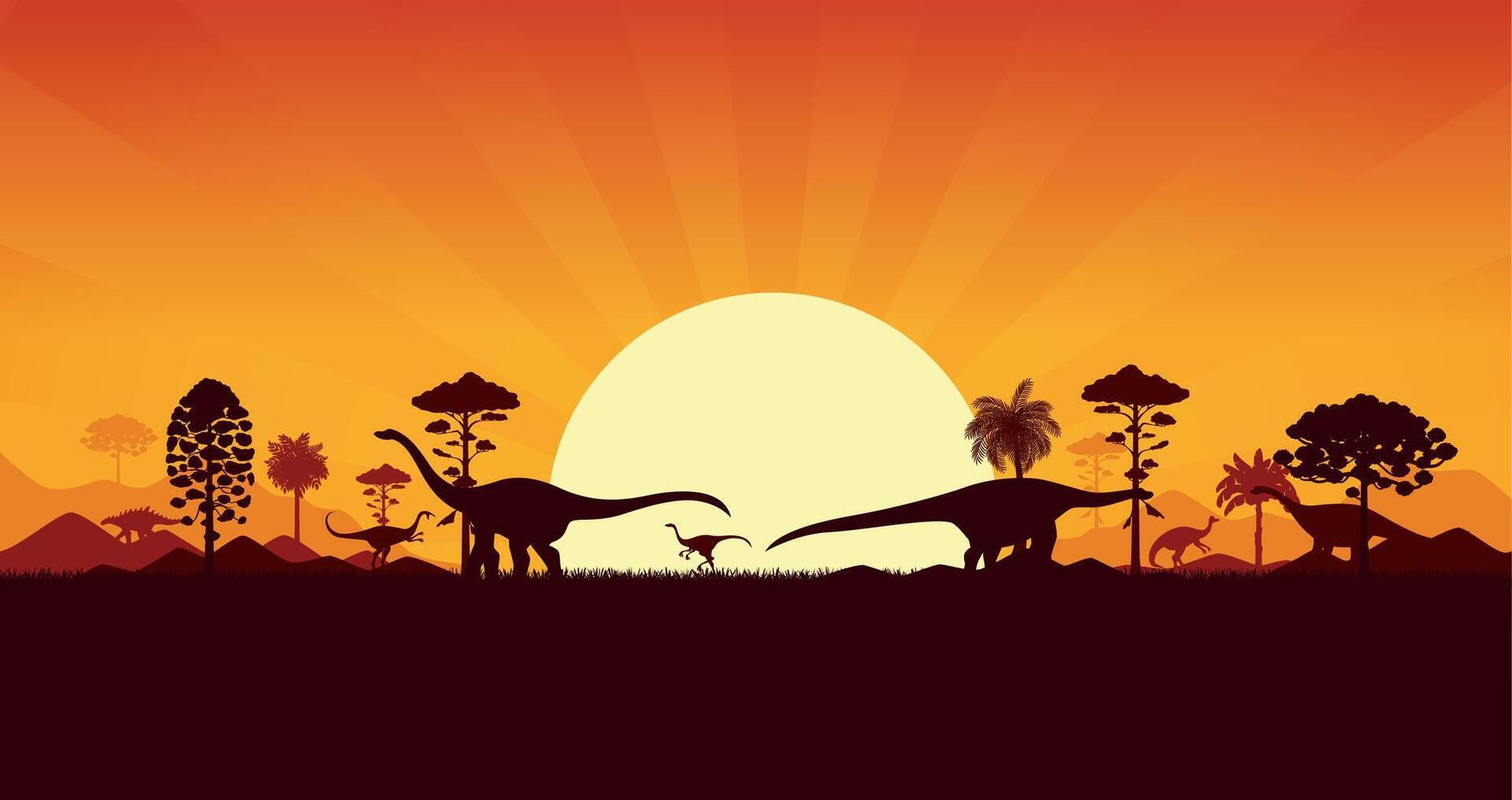 Dinosaurs silhouettes sunset prehistoric landscape vector
