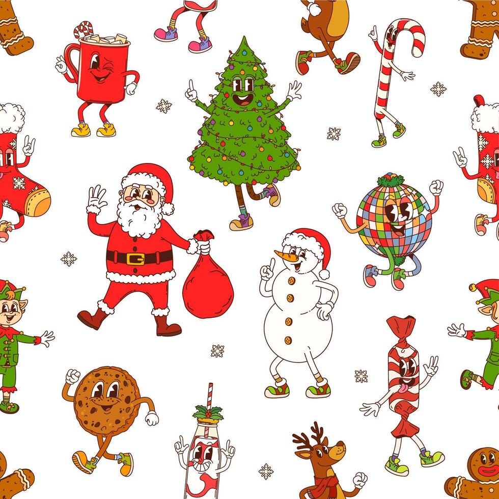 Groovy funny Christmas characters seamless pattern vector