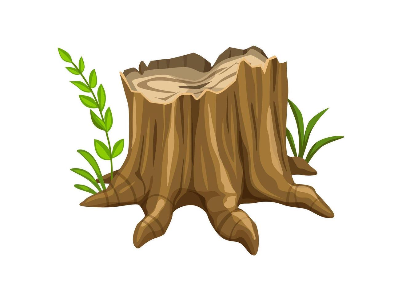 Tree stump surrounded by vibrant green plants vector