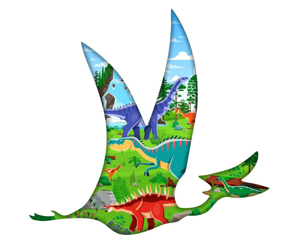 Paper cut prehistoric flying dinosaur silhouette vector