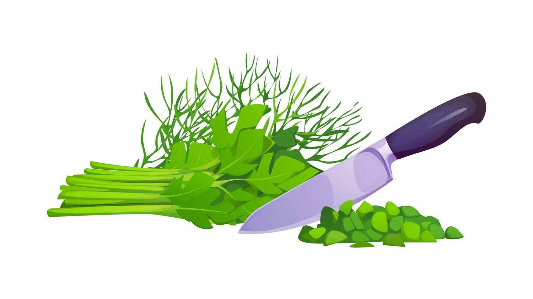 Knife cutting a bundle of fresh herbs on kitchen vector
