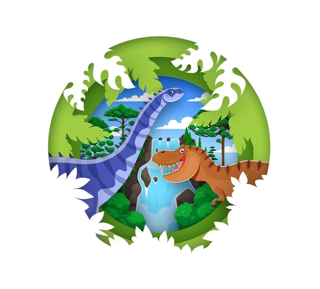 Paper cut banner, prehistoric dinosaur characters vector