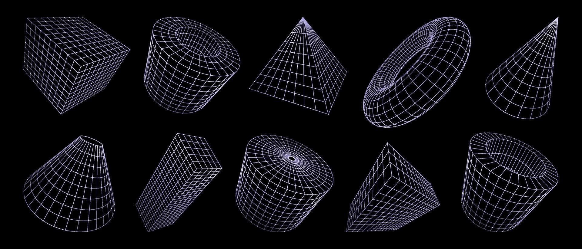 3d grid line shapes, wireframe geometric figures vector