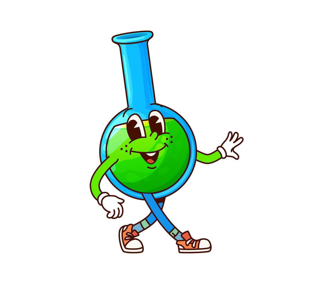 School flask groovy character, cartoon lab beaker vector