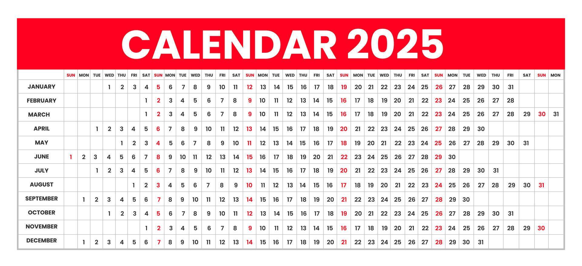 Linear calendar for 2025. Horizontal or Landscape orientation grid 2025