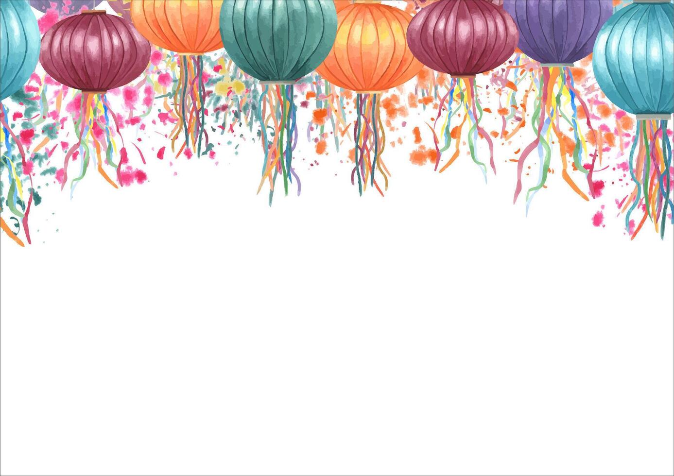 Colored paper lamps horizontal celebrating border on watercolor background of fireworks. Flying hanging Asian lanterns illustration for Festival of lights, festive designs. Empty space for text. vector