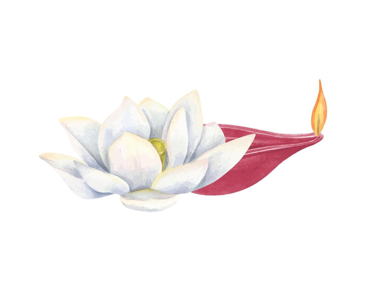 Traditional Oil Diwali Diya Lamp with burning yellow flame and white lotus flower watercolor illustration. Holiday glowing candle lamp for religious celebrations, poster. Happy Deepawali festival vector
