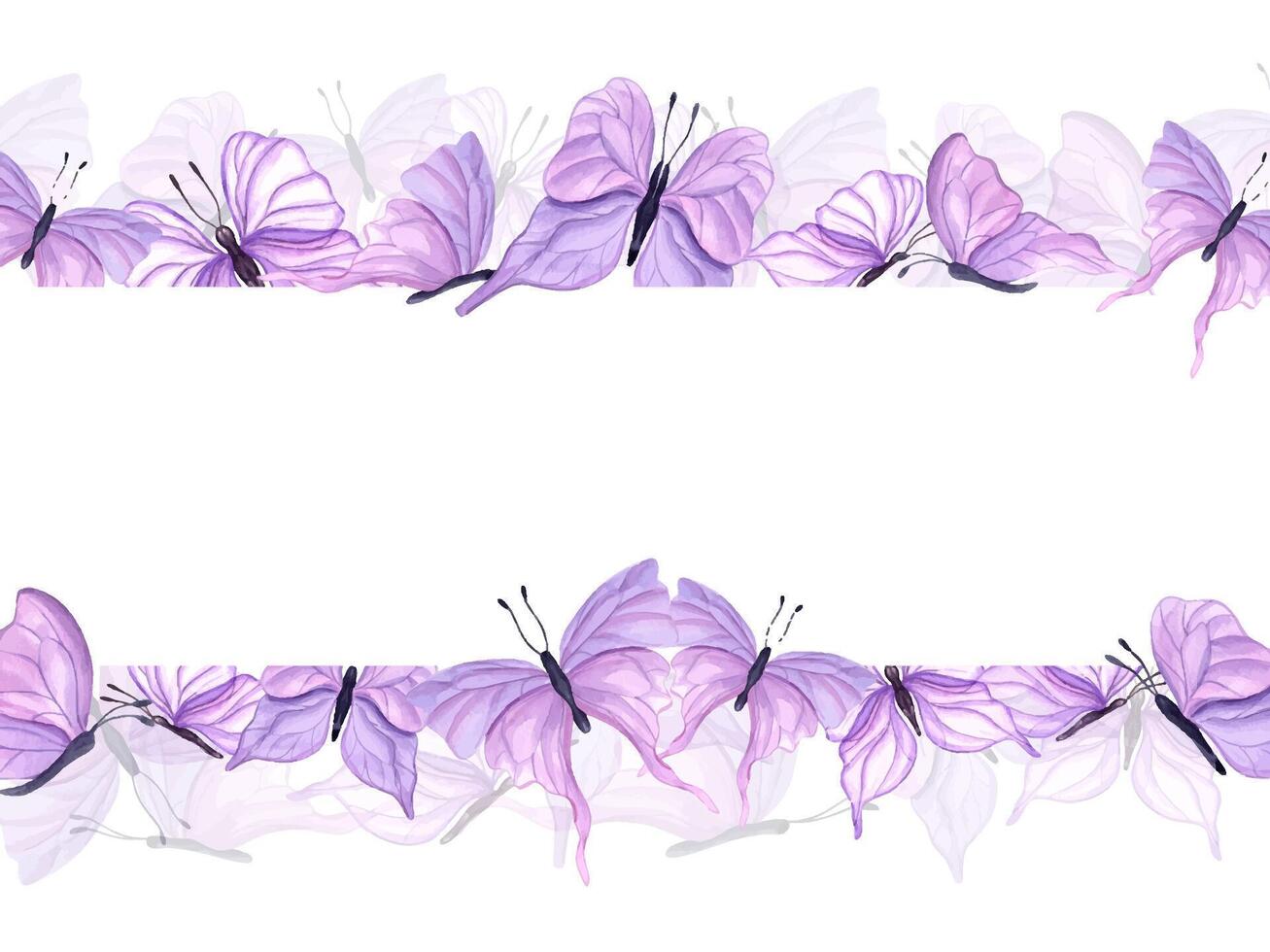 Fluttering pink butterflies of various shapes. Horizontal frame of abstract watercolor tropical insects. Hand drawn illustration for wedding invitation, greetings. Copy space for text. vector