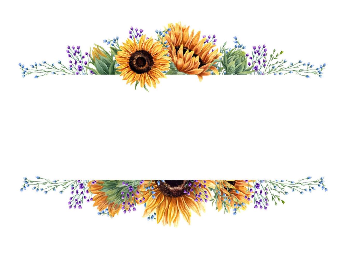 Sunflower heads and meadow plants watercolor horizontal frame. Blue, orange yellow, violet flower summer bouquet. Illustration. with empty space for text. For greeting cards, invitation vector