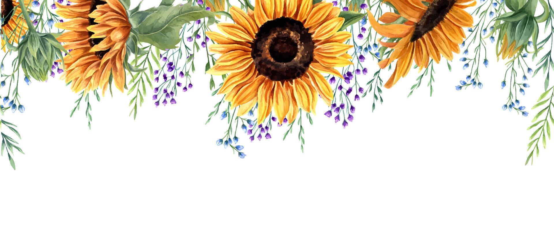Sunflowers, abstract meadow plants watercolor seamless horizontal border. Blue, purple, orange yellow floral illustration with copy space for text. For textile, banners, stationery vector