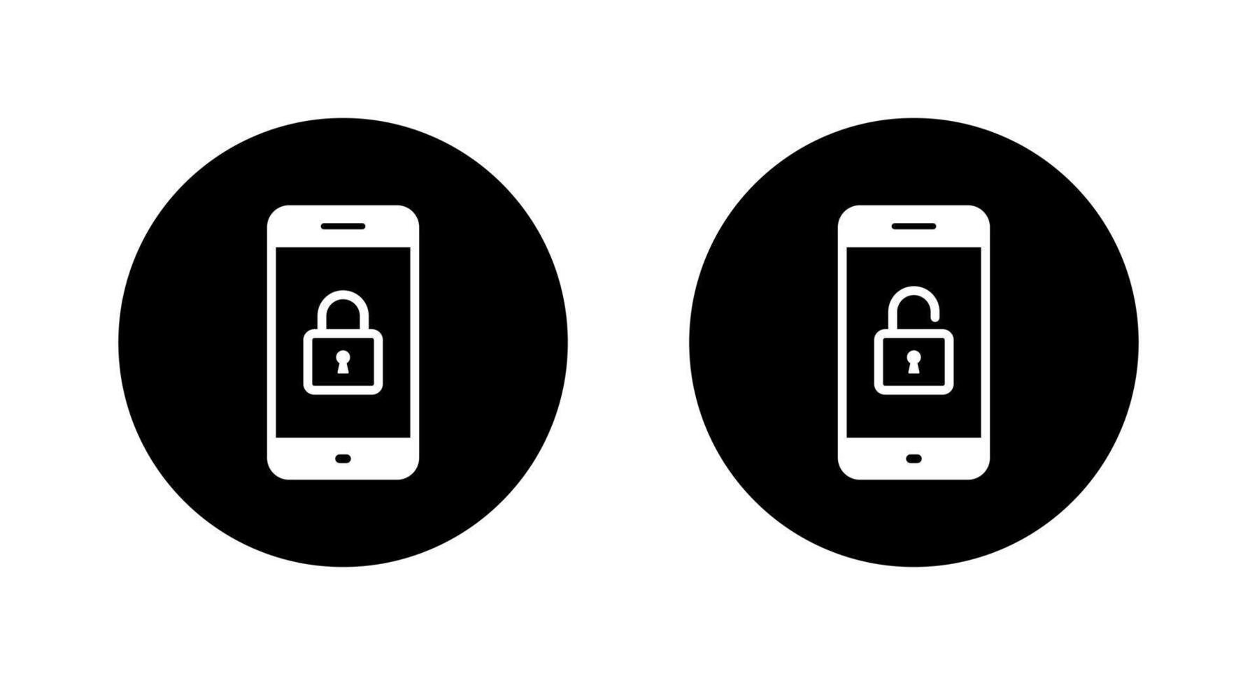 Lock and unlock on cellphone screen icon on black circle. Mobile phone with padlock sign symbol vector