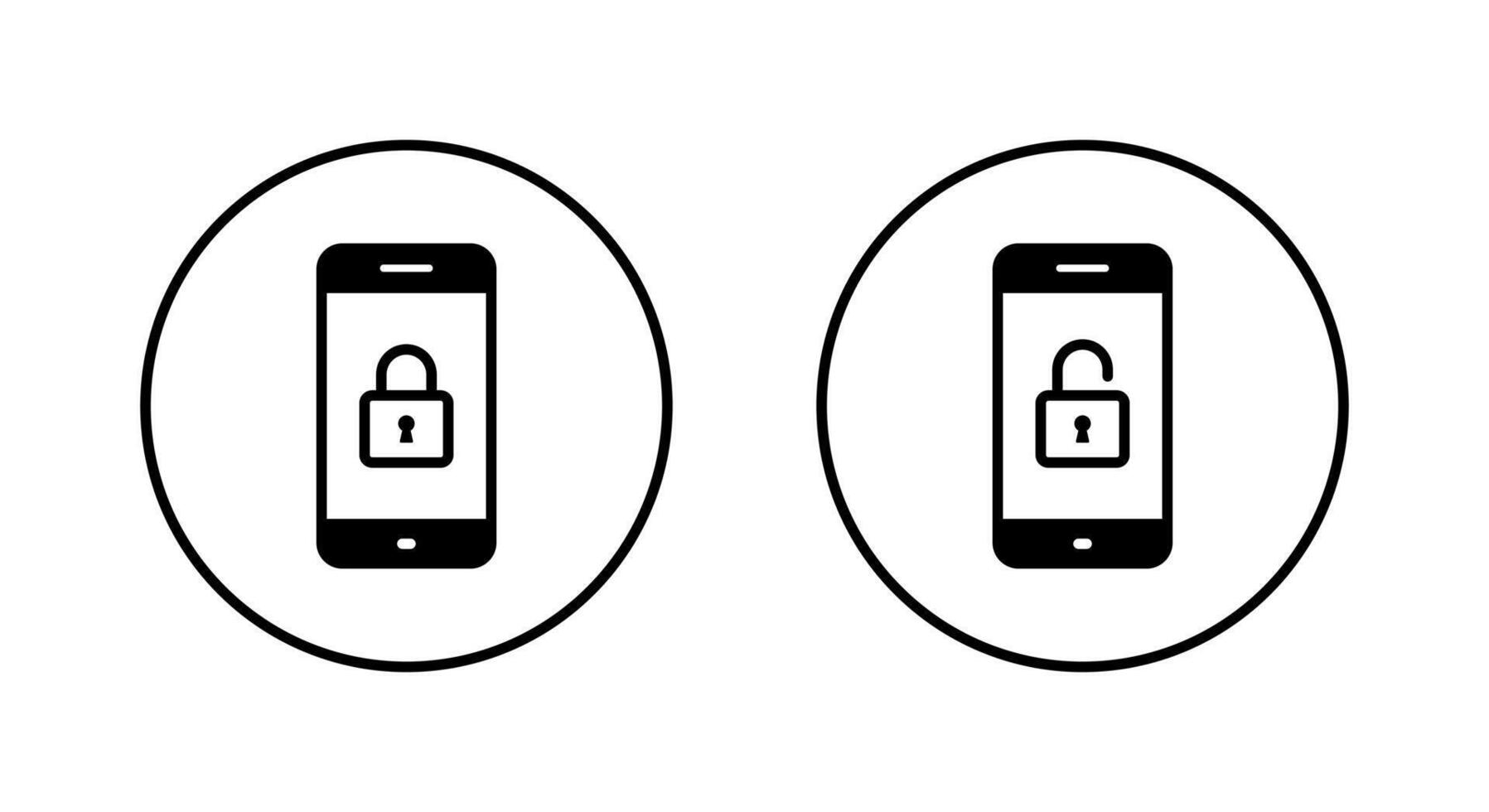 Lock and unlock on cellphone screen icon on circle line. Mobile phone with padlock sign symbol vector