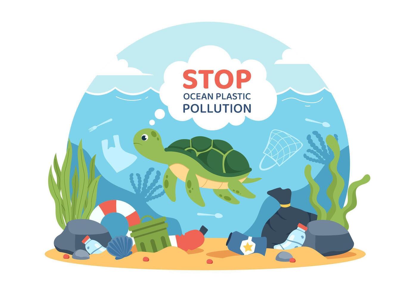 Ocean Cleanup Illustration Highlighting Plastic Waste Threatening Marine Ecosystems vector