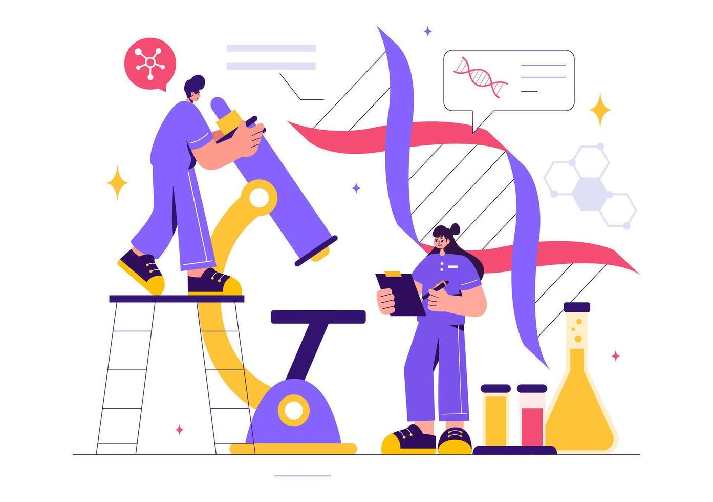 Molecular Biology and Genetics Concept Illustration with DNA Structure in Flat Healthcare Background vector