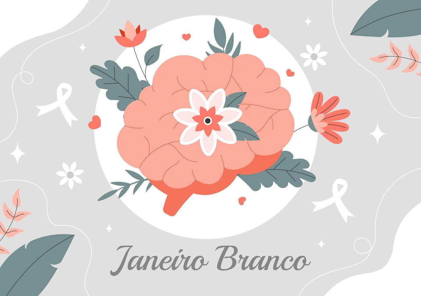 Janeiro Branco Mental Health Month Featuring Brain and Blooming Flowers vector