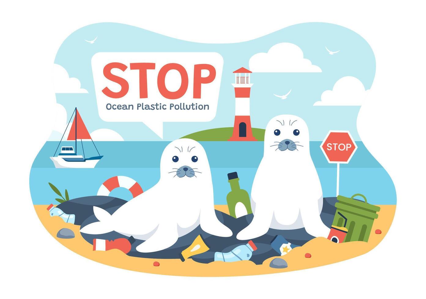 Ocean Conservation Illustration Plastic Bags and Bottles Polluting the Seas vector