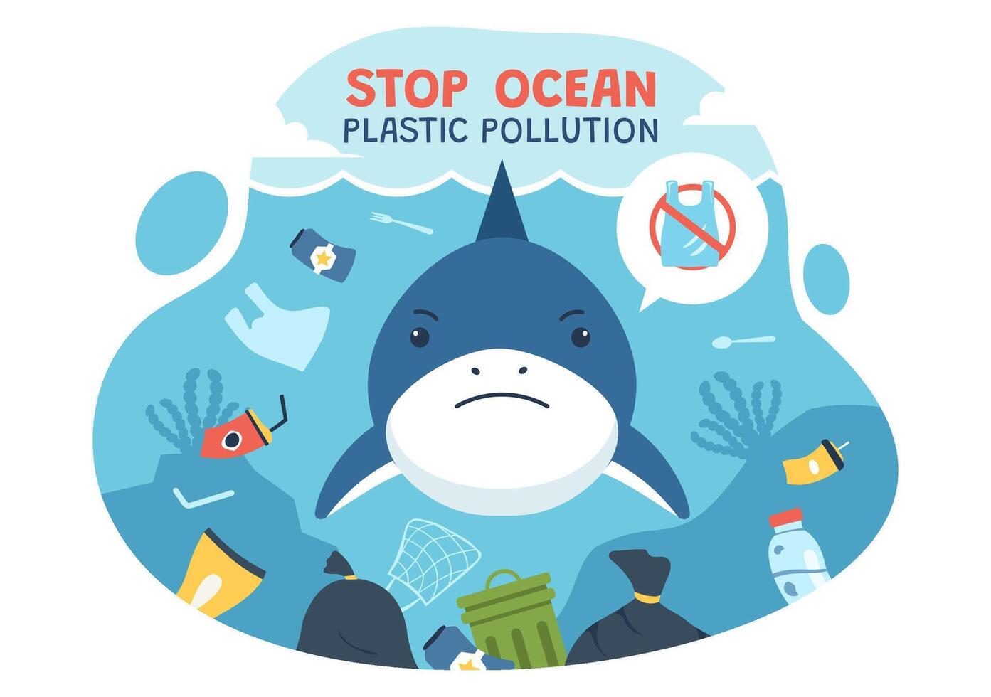 Illustration of Plastic Pollution Endangering Marine Life and Coral Reefs vector