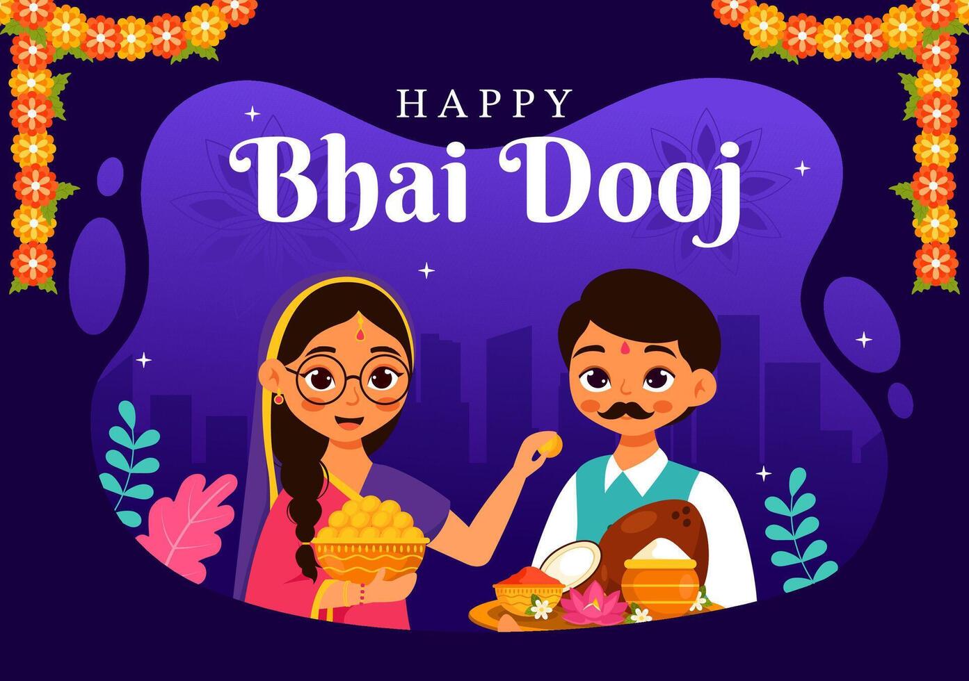 Indian Bhai Dooj Festival Ritual with Sister Praying and Applying Forehead Mark on Brother in Cartoon Style vector
