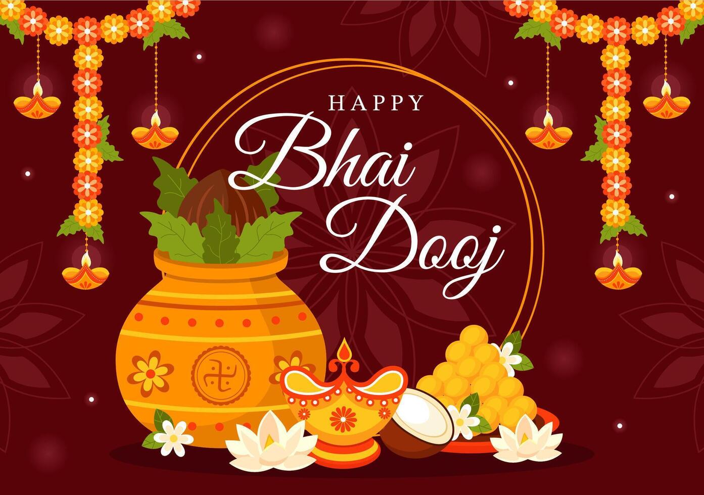 Bhai Dooj Indian Festival with Sibling Ritual and Forehead Tika Ceremony in Flat Cartoon Style vector