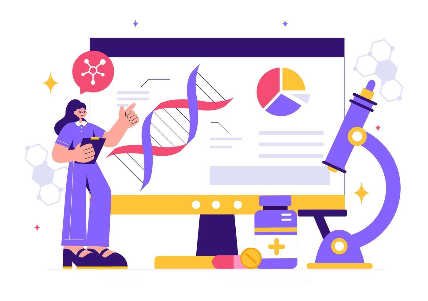 DNA Molecule Structure and Genetic Engineering Illustration in Flat Healthcare Cartoon Background vector