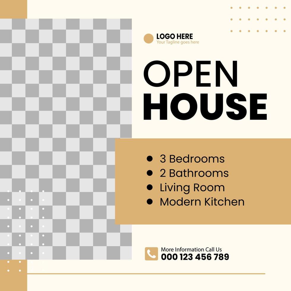A white and tan poster for an open house The poster features a kitchen living room vector