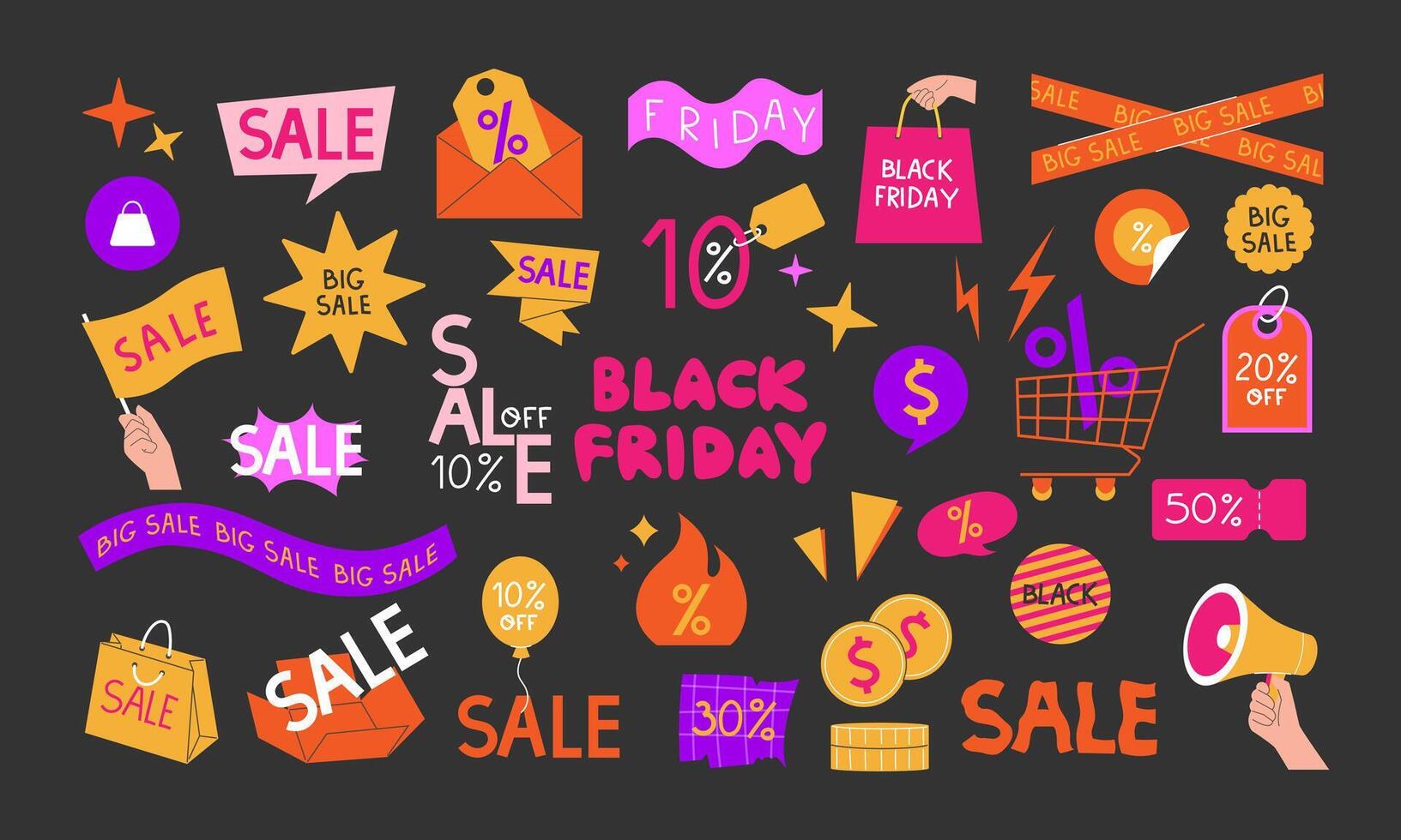 set of Black Friday elements. Concept of online shopping. Brightly coloured flat style stickers for sale vector