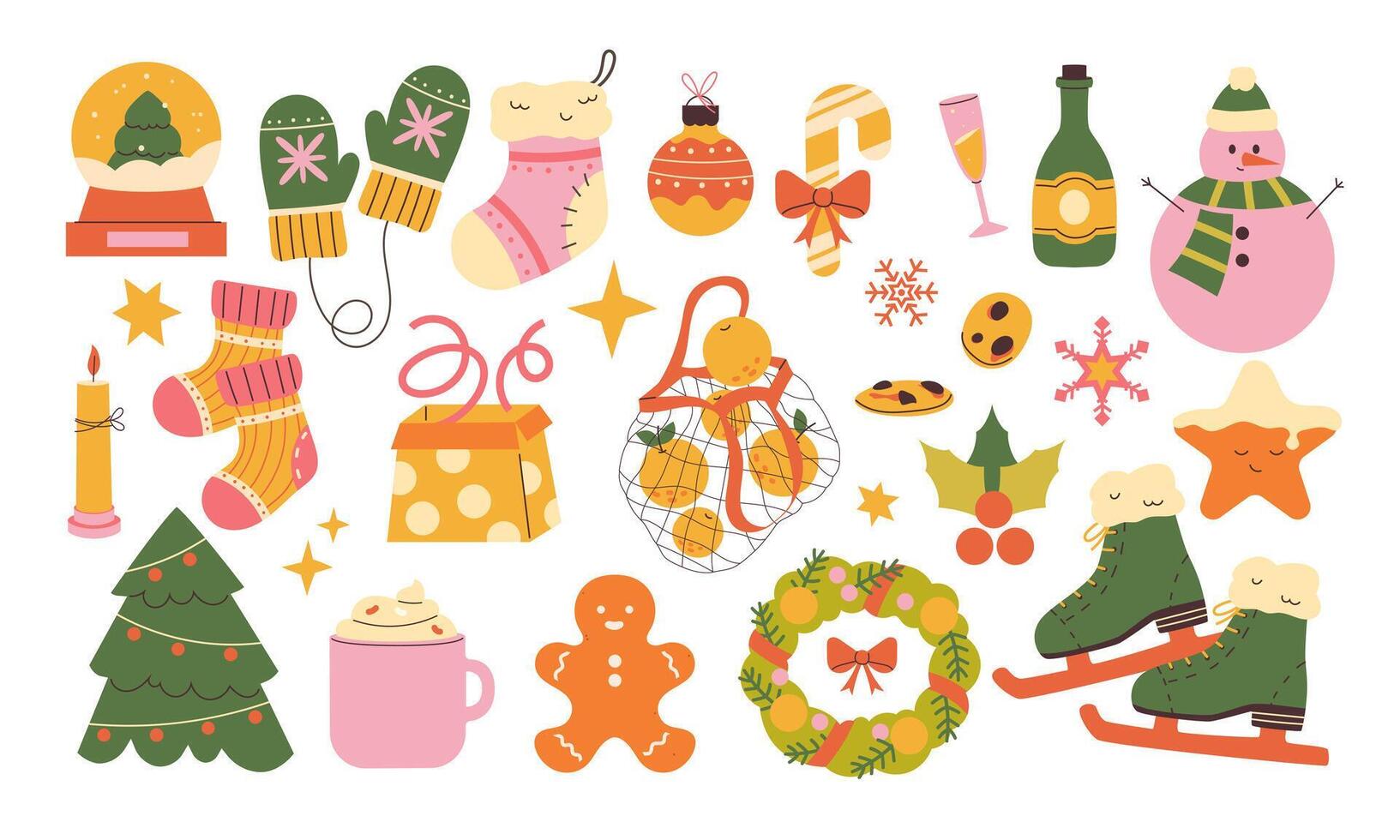 happy holidays elements set. New Year's Eve cute retro style set vector