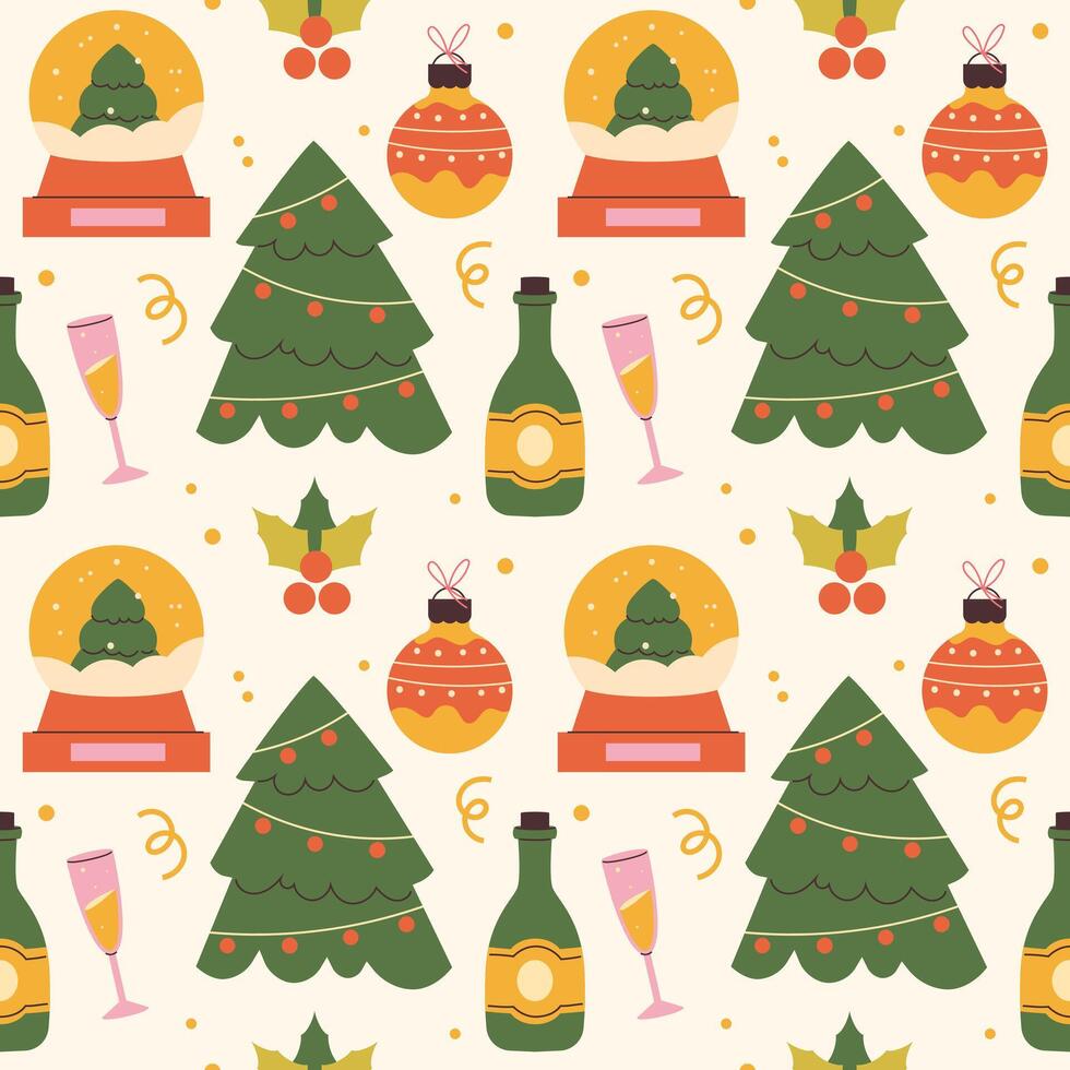 Christmas retro pattern. snow globe, Christmas tree, glass, wine vector