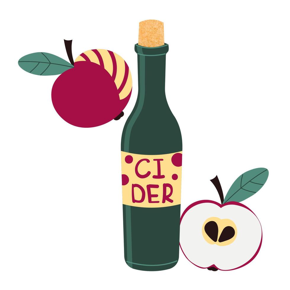 Apple cider. Color drawing, bottle and apples. vector