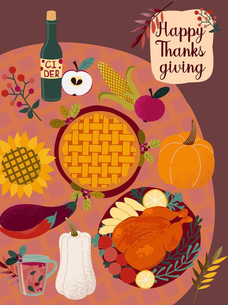 Happy thanksgiving. Poster template, postcards, invitations with a festive table and traditional dishes. vector