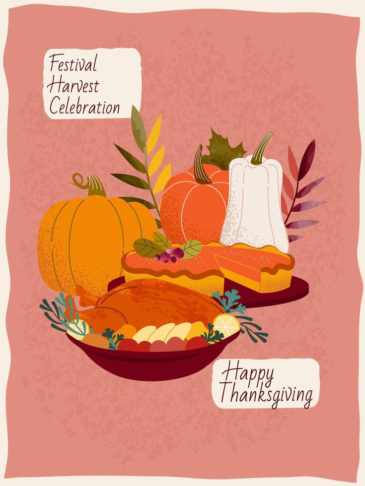 Happy thanksgiving. Poster design, covers, postcards, invitations, leaflets with pumpkins, pumpkin pie, fried turkey. vector